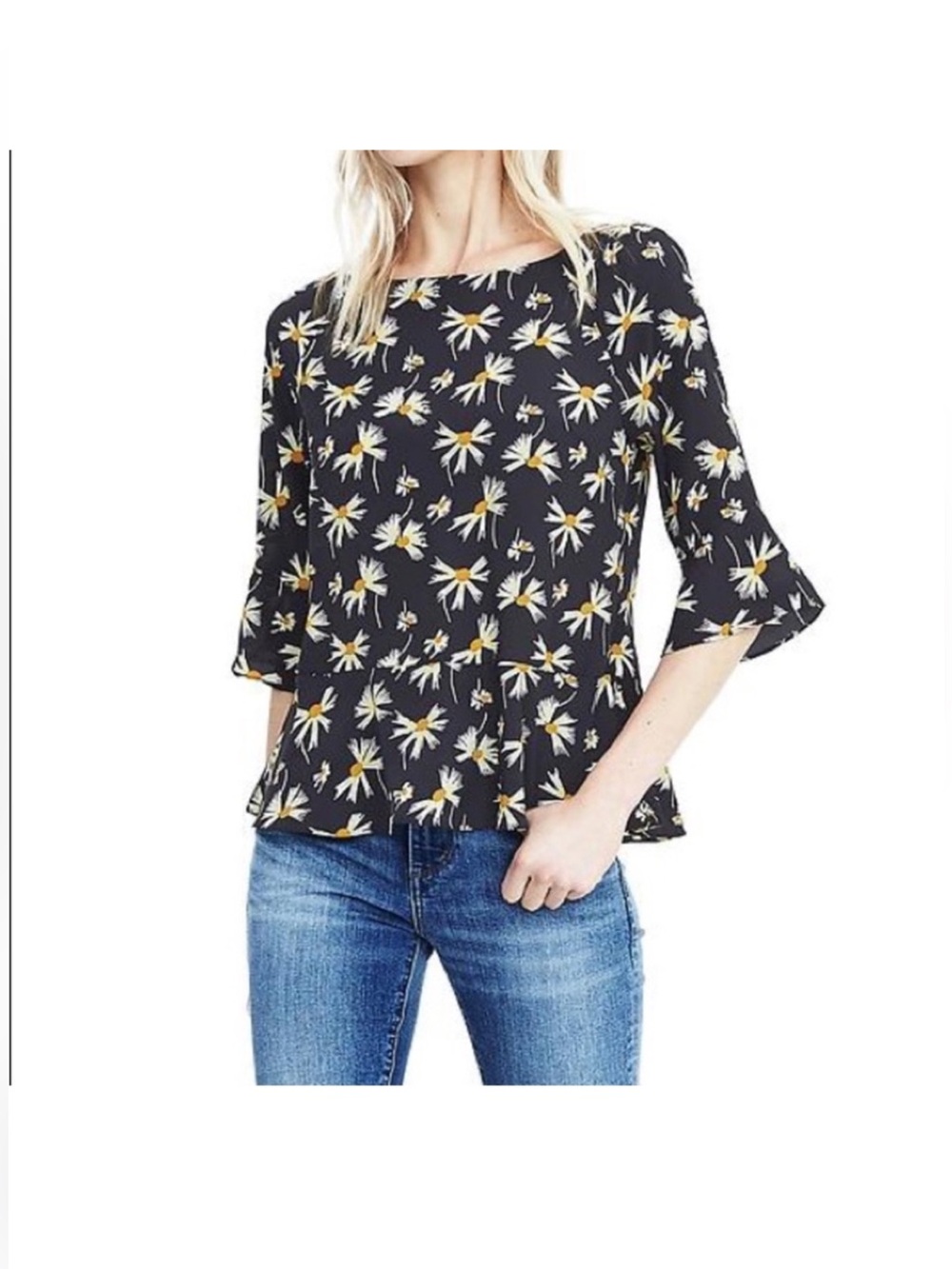 Banana Republic Navy Daisy Print Peplum Top 3/4 Bell Sleeve size M